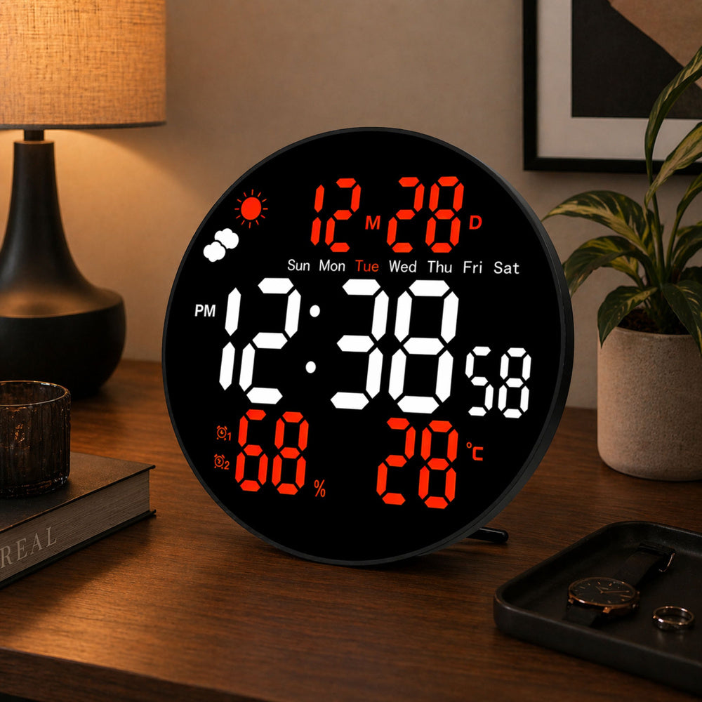 Digitální LED nástěnné hodiny s teploměrem a budíkem – 25 cm