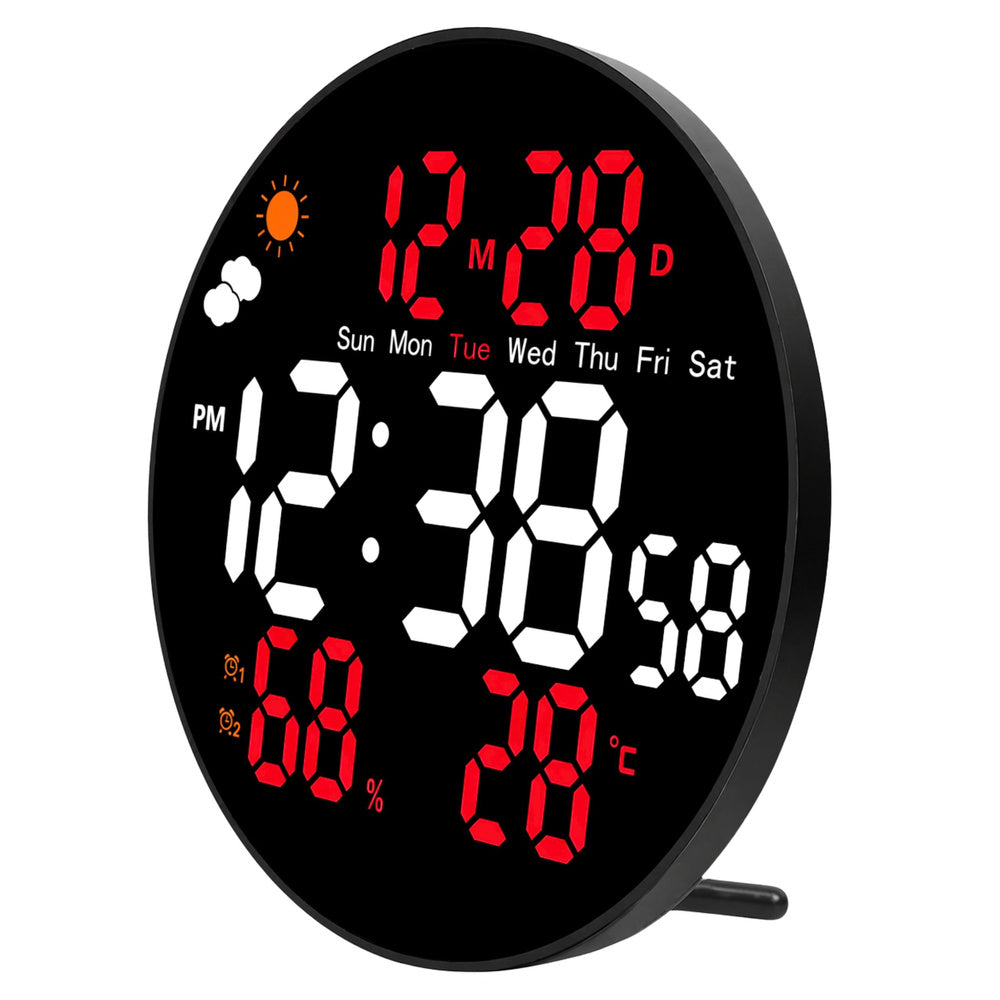 Digitální LED nástěnné hodiny s teploměrem a budíkem – 25 cm