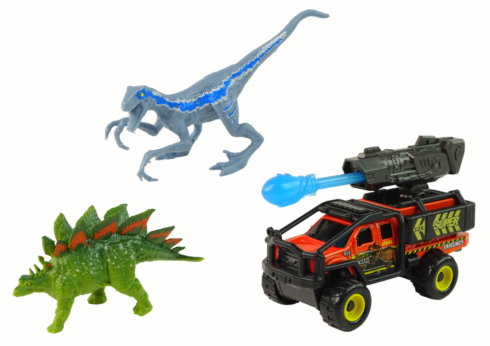Dinosauří figurky s terénním vozem – modrý set s raketou