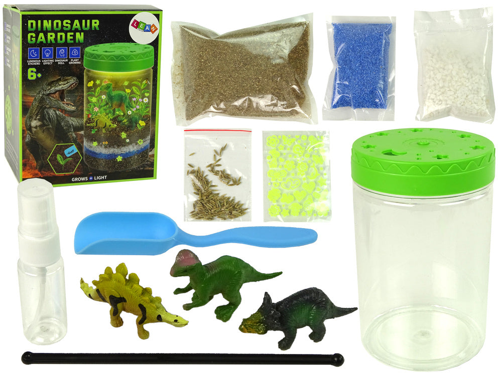 Dinosauří zahrada ve sklenici se světlem a svítícími samolepkami