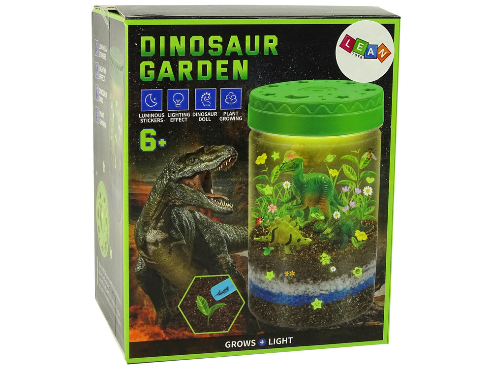 Dinosauří zahrada ve sklenici se světlem a svítícími samolepkami
