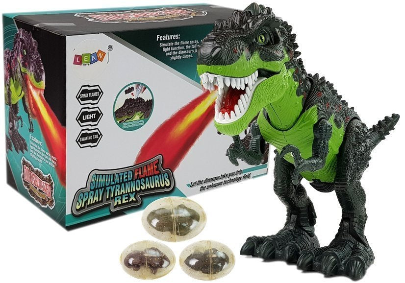 Dinosaurus na baterie s vajíčky a ohnivým dechem zelený
