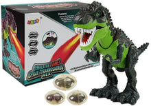 Dinosaurus na baterie s vajíčky a ohnivým dechem zelený