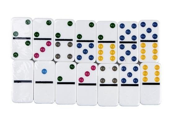 Domino logická hra kovové balení 28 kostek barevné tečky