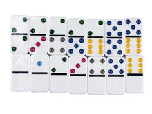 Domino logická hra kovové balení 28 kostek barevné tečky