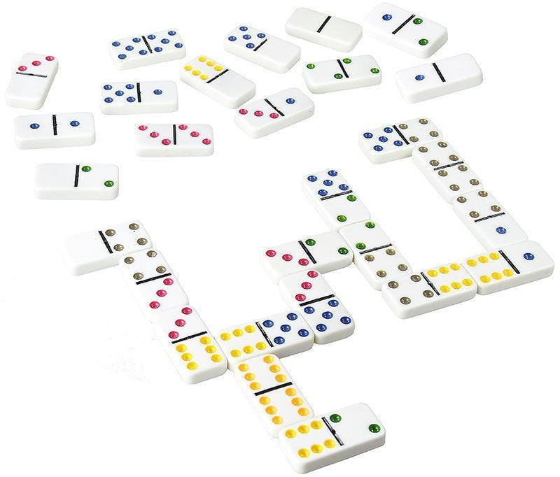Domino logická hra kovové balení 28 kostek barevné tečky