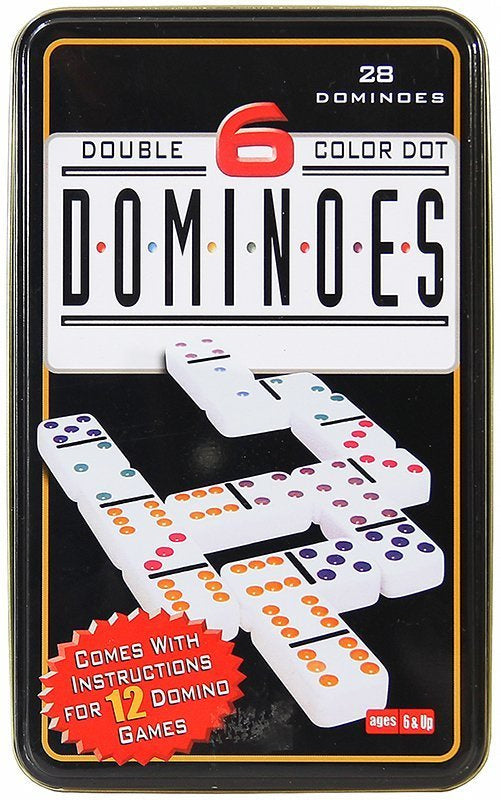 Domino logická hra kovové balení 28 kostek barevné tečky