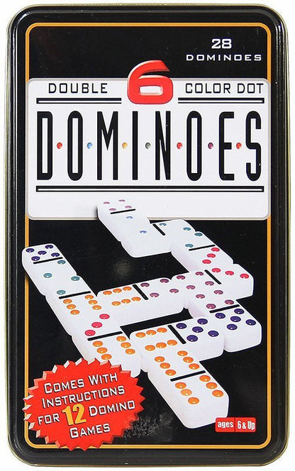 Domino logická hra kovové balení 28 kostek barevné tečky
