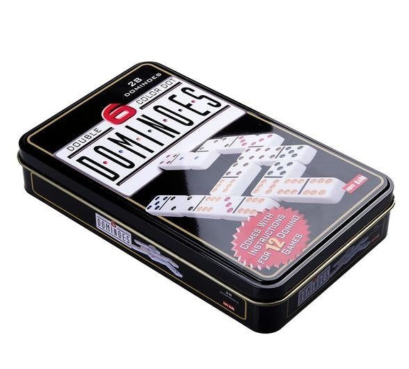 Domino logická hra kovové balení 28 kostek barevné tečky