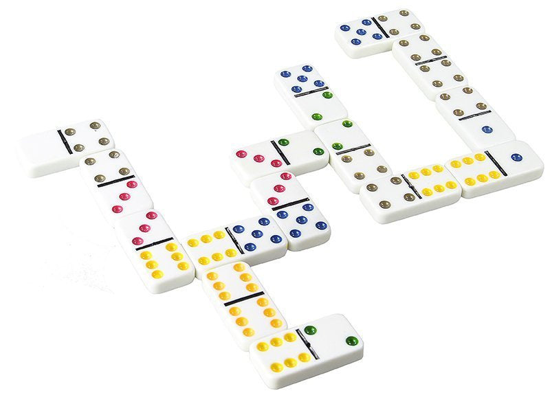 Domino logická hra kovové balení 28 kostek barevné tečky