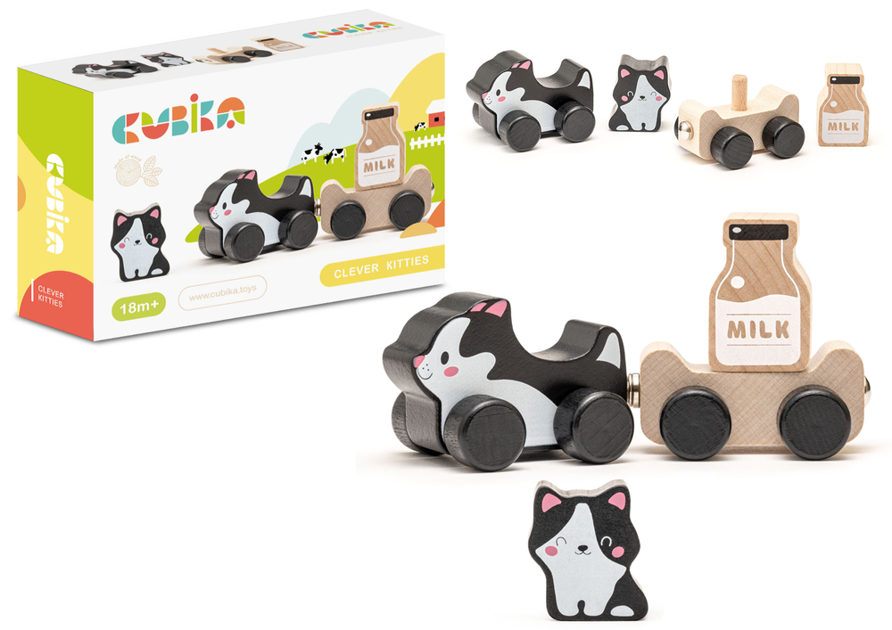 Dřevěná hračka kočka s přívěsem – s mlékem | Cubika 15450