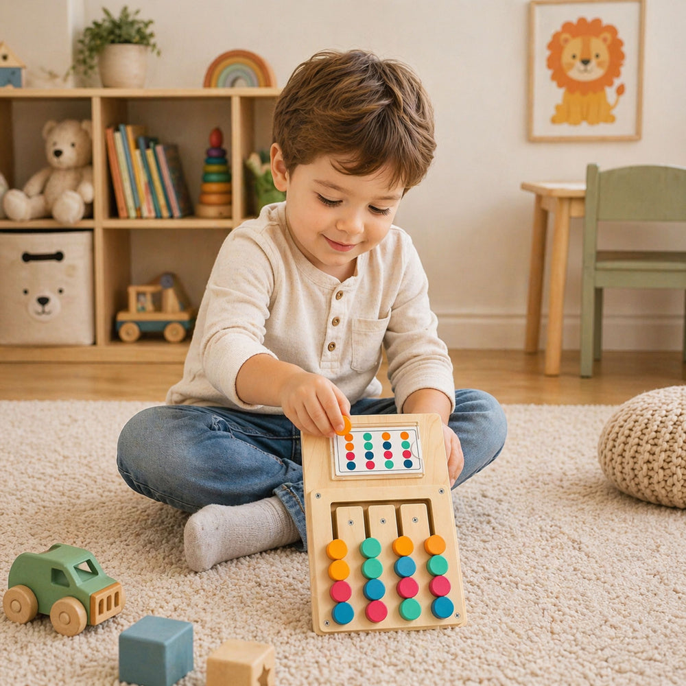 Dřevěná logická hra – barevné puzzle karty se vzory 12 ks
