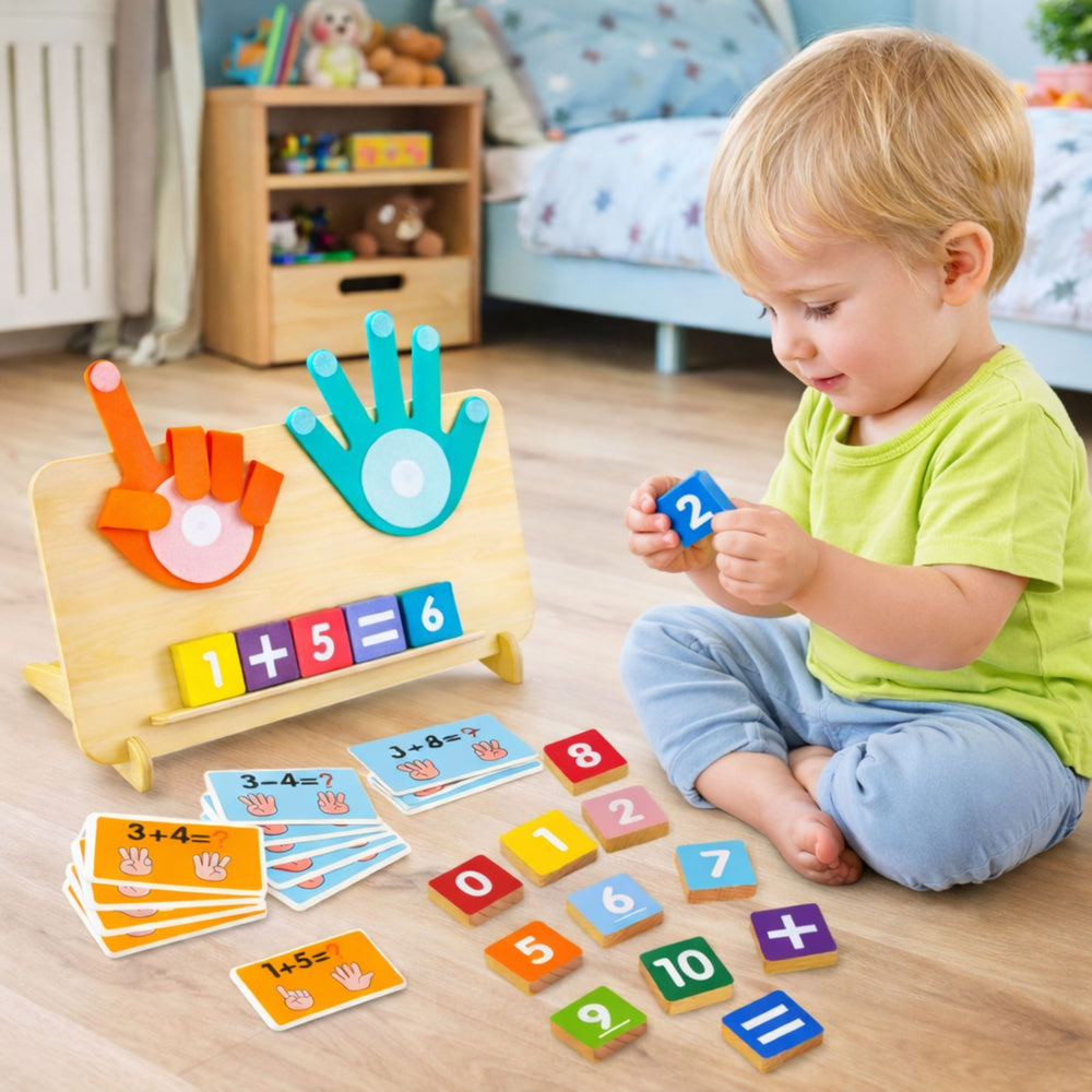 Dřevěná matematická skládačka s kartami pro počítání na prstech