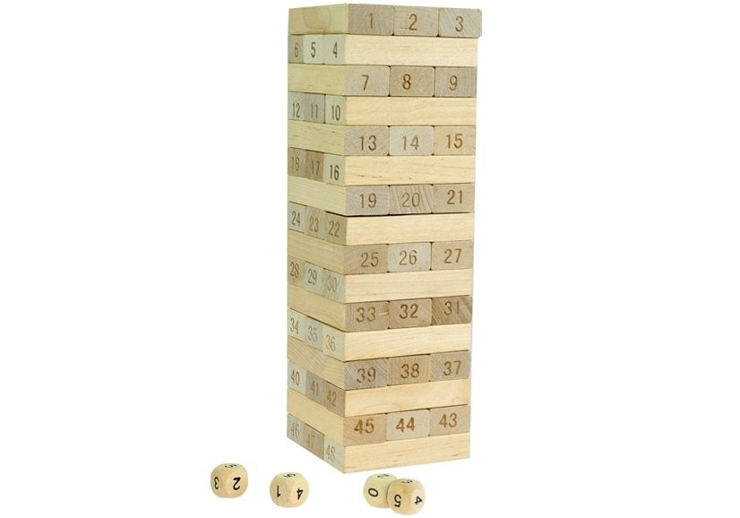 Dřevěná věž Jenga s čísly 48 kostek a 4 hrací kostky