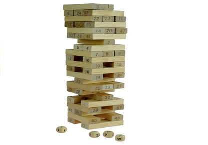 Dřevěná věž Jenga s čísly 48 kostek a 4 hrací kostky