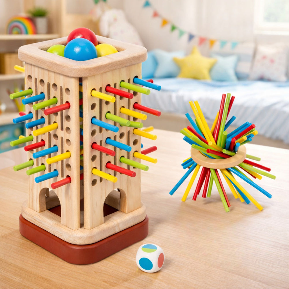 Dřevěná vzdělávací hra Věž s kolíky a kuličkami – 37 dílů