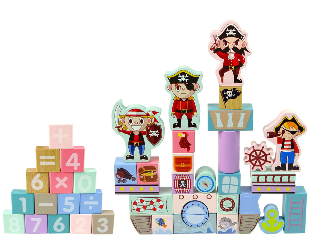 Dřevěné kostky pirátská loď hrad 46 dílů puzzle s čísly
