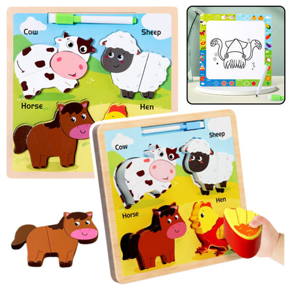Dřevěné puzzle 2v1 s kreslicí tabulkou domácí zvířata s pisákem
