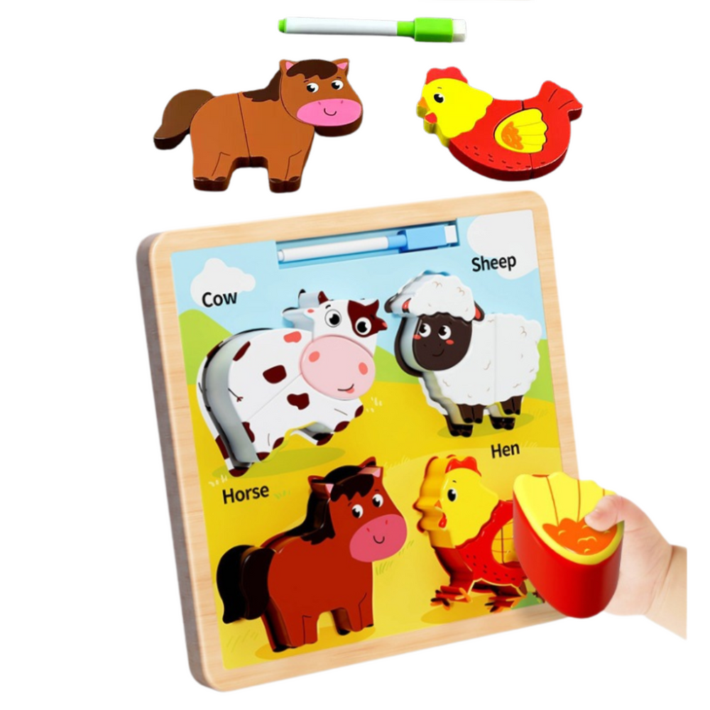 Dřevěné puzzle 2v1 s kreslicí tabulkou domácí zvířata s pisákem