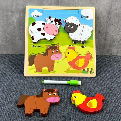Dřevěné puzzle 2v1 s kreslicí tabulkou domácí zvířata s pisákem