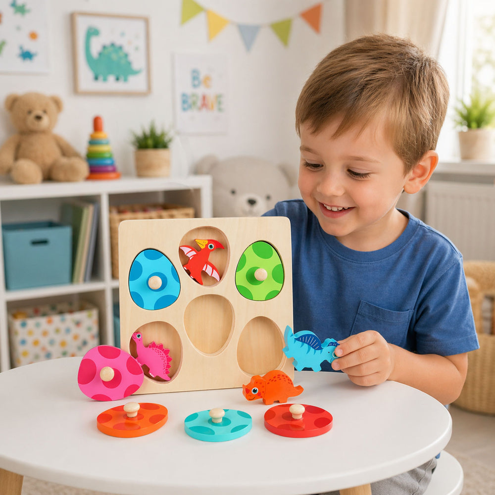 Dřevěné puzzle Dinosauři v vajíčkách – vzdělávací hra Memory