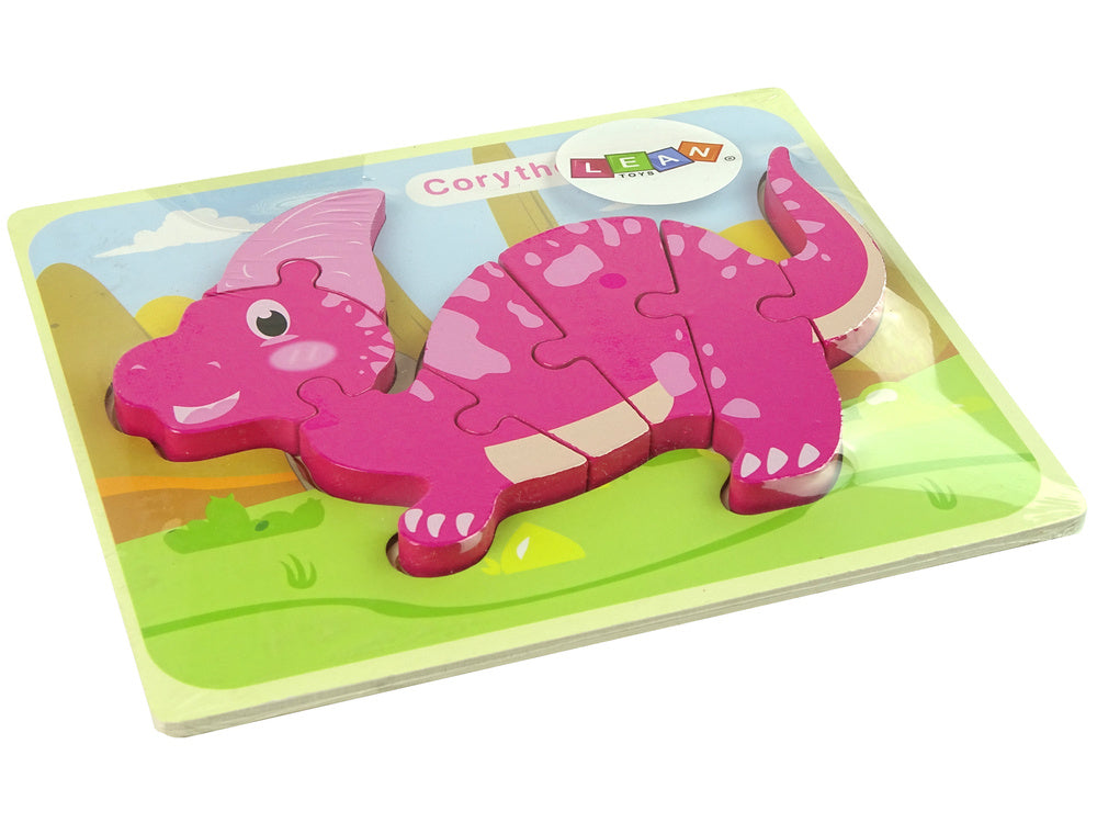 Dřevěné puzzle dinosaurus Corythosaurus růžový Spinosaurus fialový