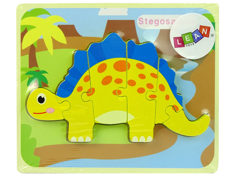 Dřevěné puzzle dinosaurus Stegosaurus Oviraptor žluté