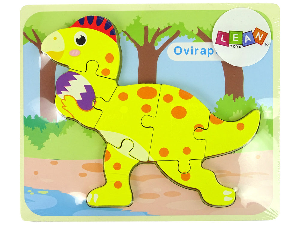 Dřevěné puzzle dinosaurus Stegosaurus Oviraptor žluté