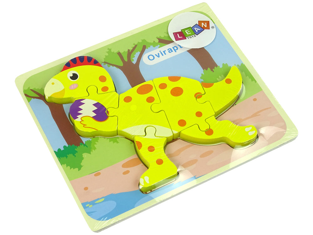 Dřevěné puzzle dinosaurus Stegosaurus Oviraptor žluté