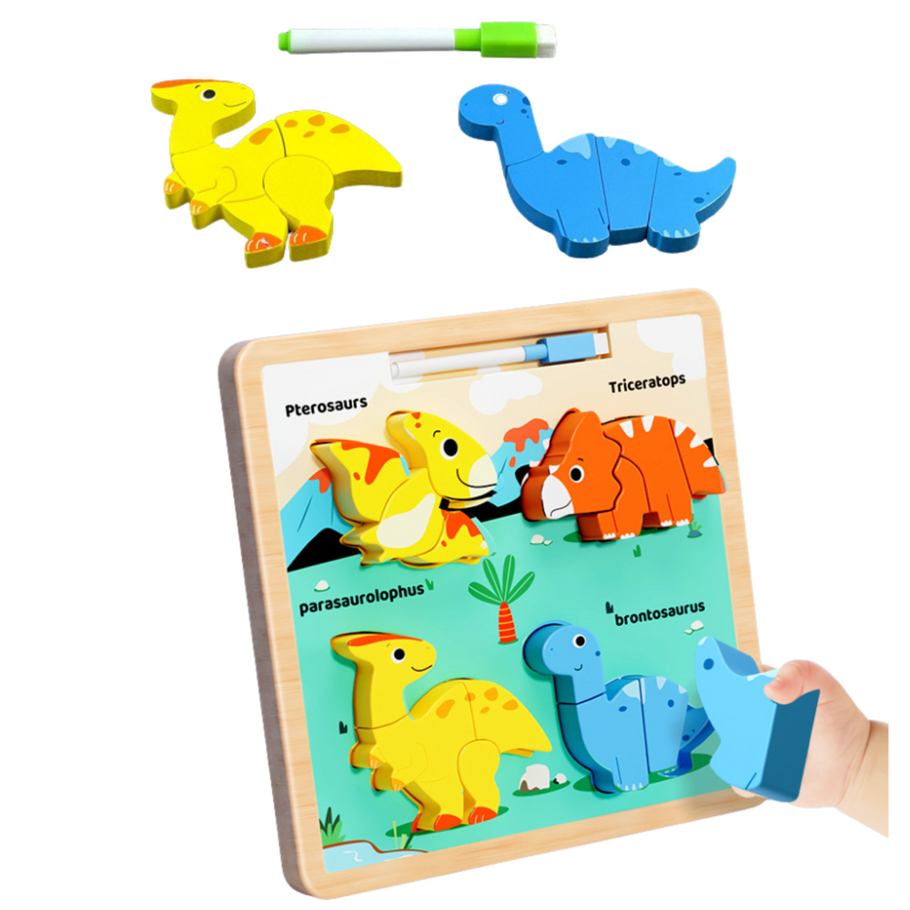 Dřevěné puzzle dinozauři 2v1 s magnetickou kreslicí tabulkou
