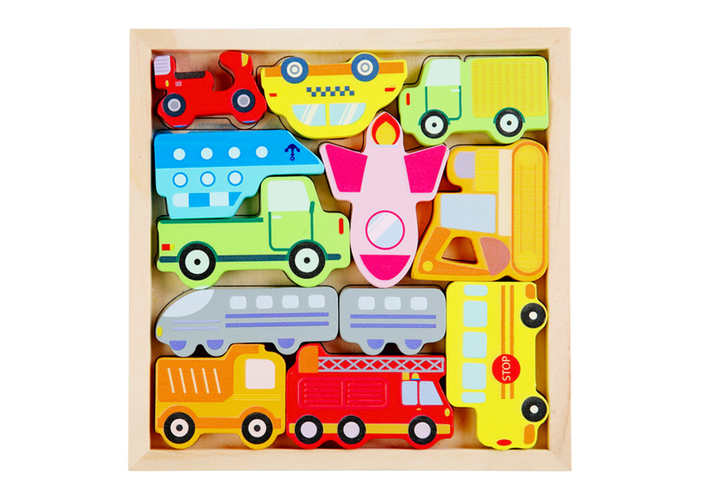 Dřevěné puzzle dopravní prostředky – autobus taxi 11 dílků