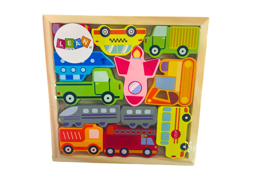 Dřevěné puzzle dopravní prostředky – autobus taxi 11 dílků