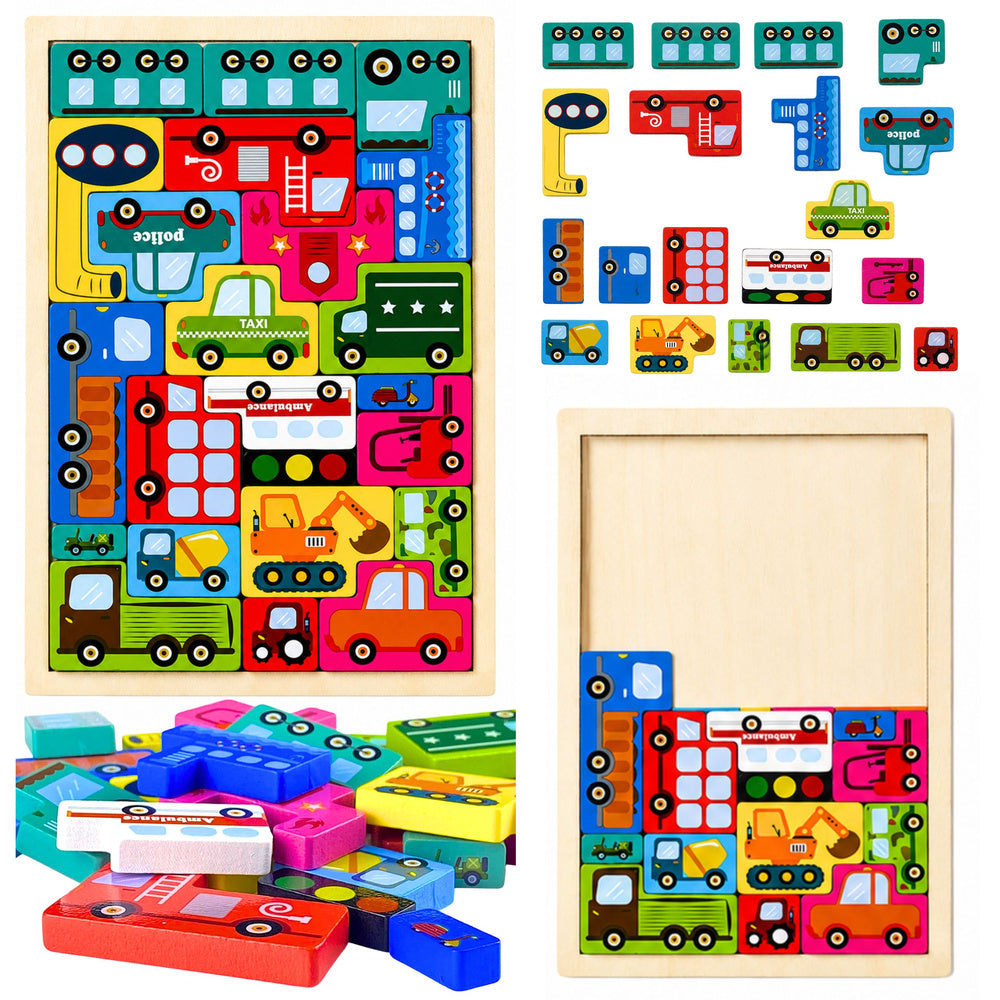 Dřevěné puzzle logická skladačka s vozidly 23 dílků