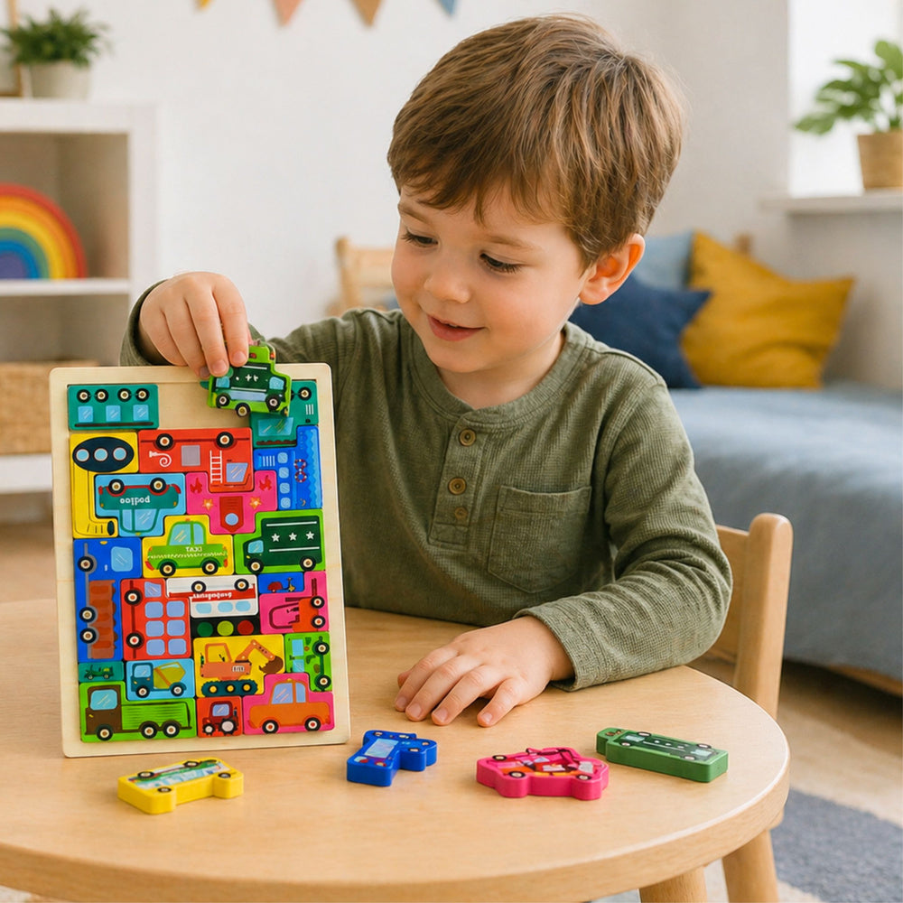 Dřevěné puzzle logická skladačka s vozidly 23 dílků