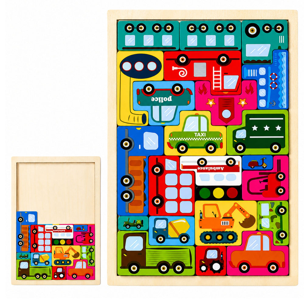 Dřevěné puzzle logická skladačka s vozidly 23 dílků
