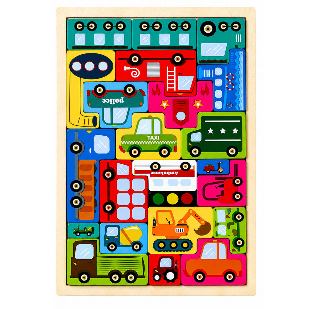 Dřevěné puzzle logická skladačka s vozidly 23 dílků
