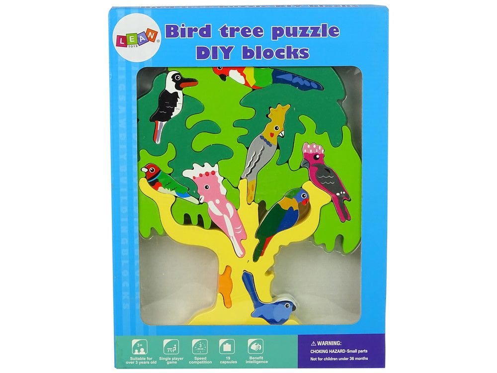 Dřevěné puzzle strom s papoušky a ptáky 3D stavebnice