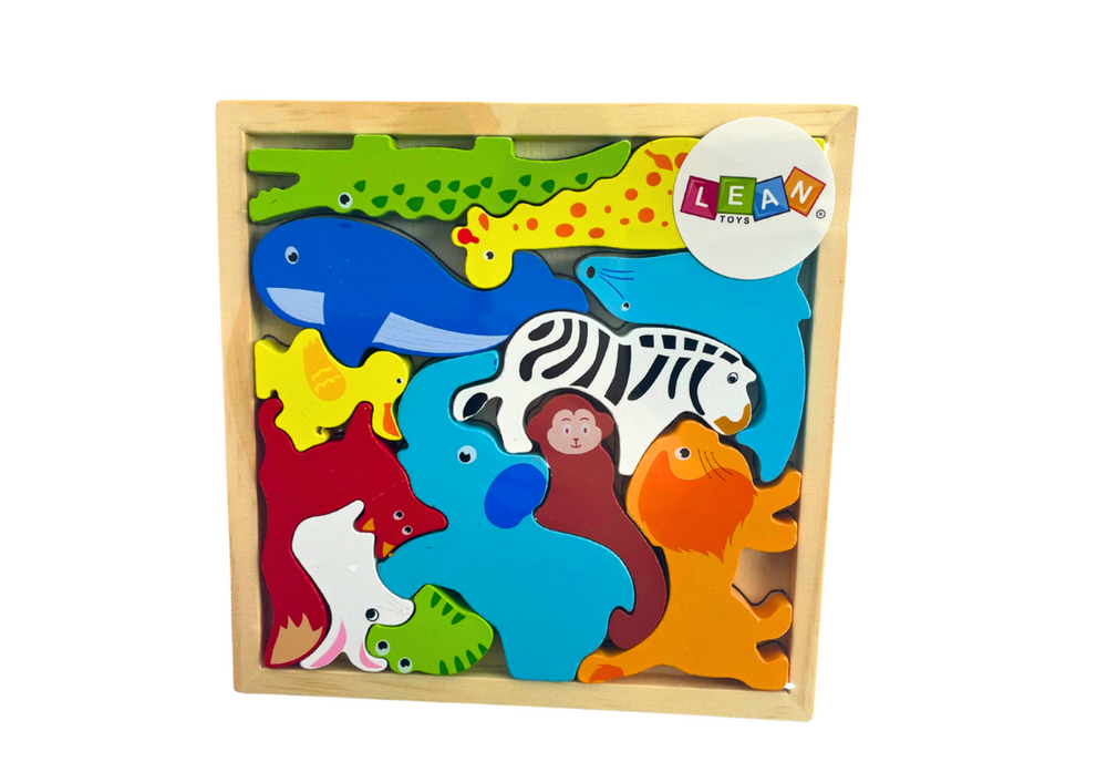 Dřevěné puzzle zvířátka lev králík – 12 dílků pro děti 3 +
