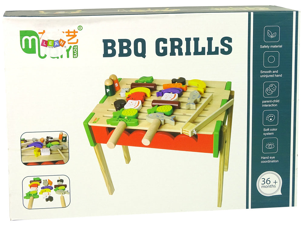 Dřevěný grill s příslušenstvím a špízy na grilování