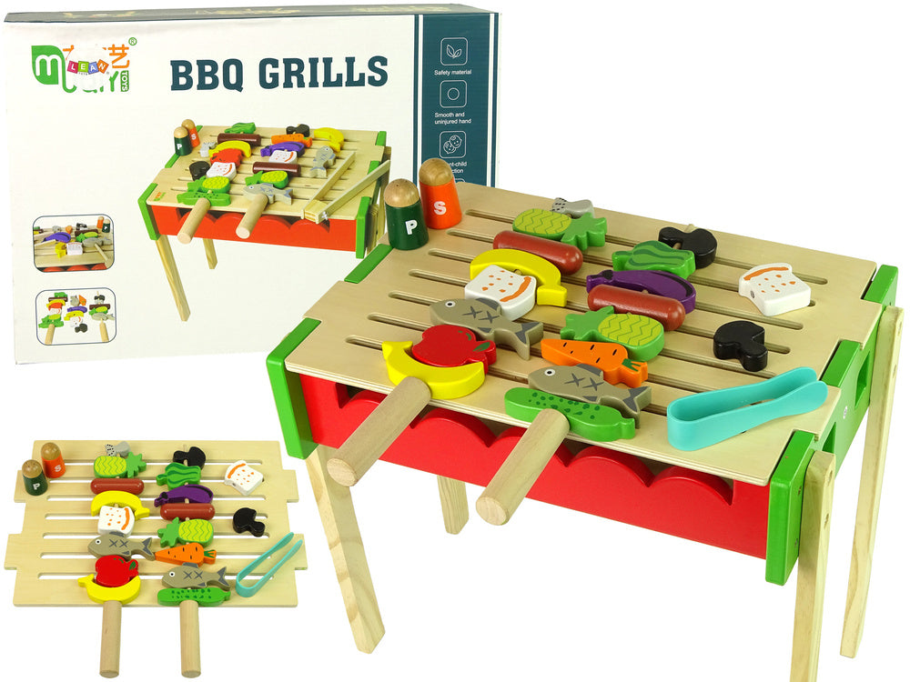 Dřevěný grill s příslušenstvím a špízy na grilování