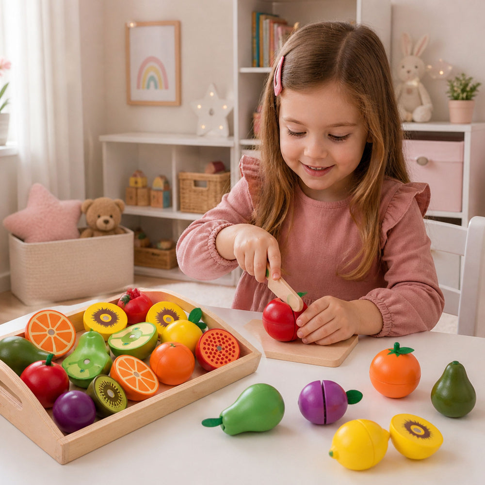 Dřevěný krájený set s ovocem a magnetickým nožem – 3+