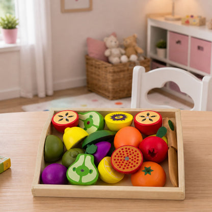 Dřevěný krájený set s ovocem a magnetickým nožem – 3+
