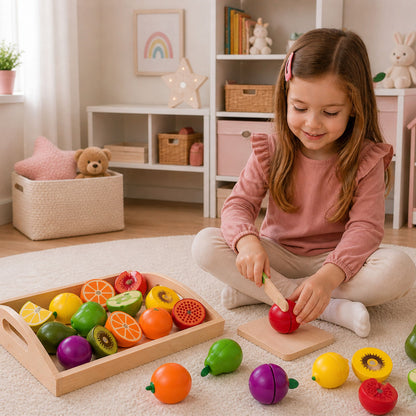 Dřevěný krájený set s ovocem a magnetickým nožem – 3+