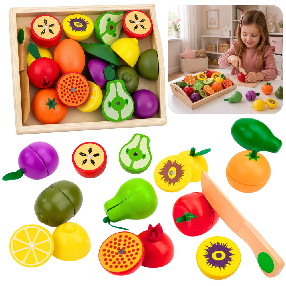 Dřevěný krájený set s ovocem a magnetickým nožem – 3+