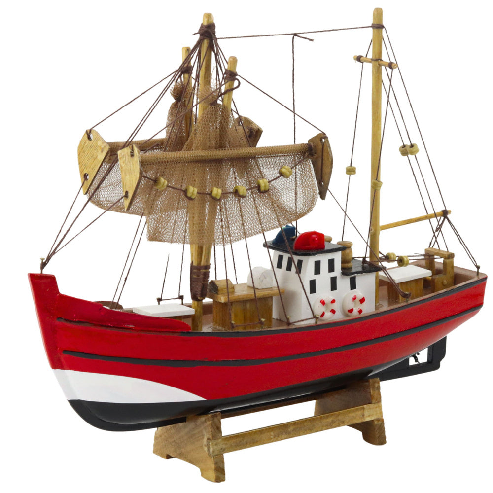 Dřevěný rybářský kuter – dekorační model 30cm | červený