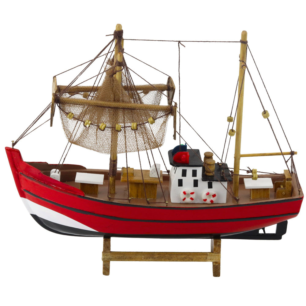Dřevěný rybářský kuter – dekorační model 30cm | červený