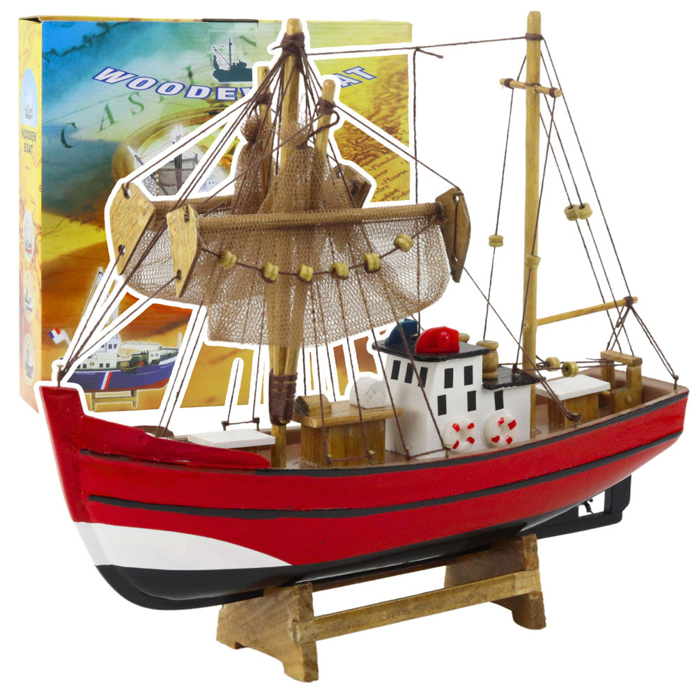 Dřevěný rybářský kuter – dekorační model 30cm | červený
