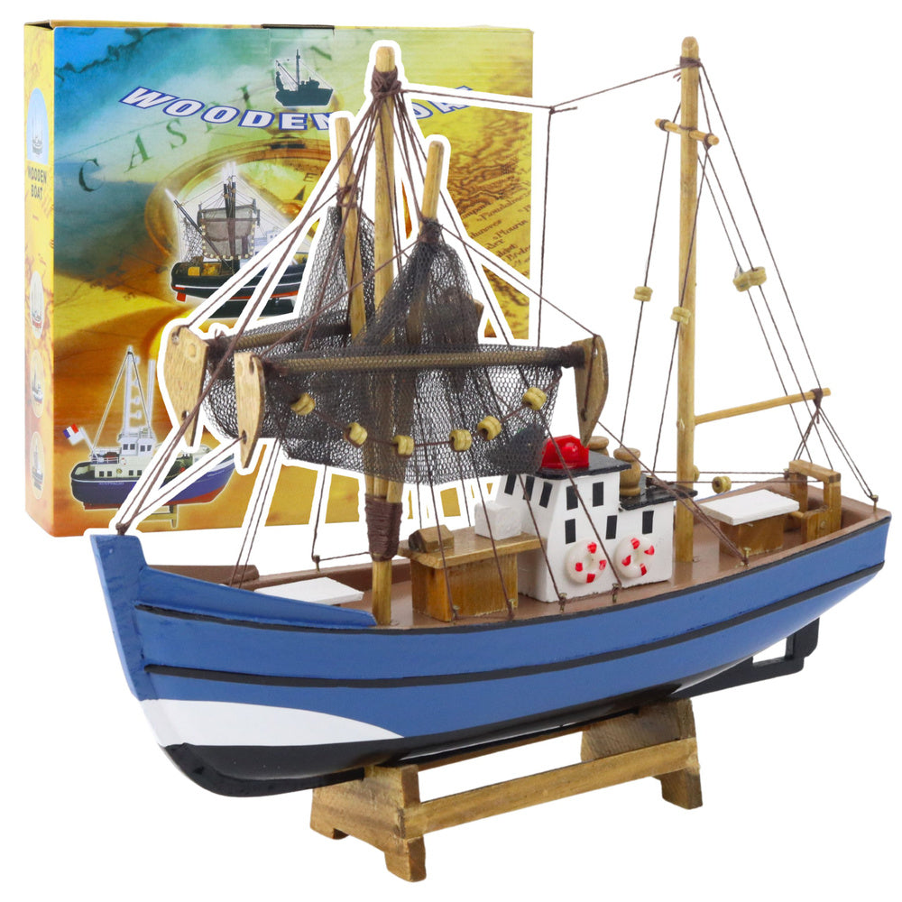Dřevěný rybářský kuter – dekorační model 30cm | modrý