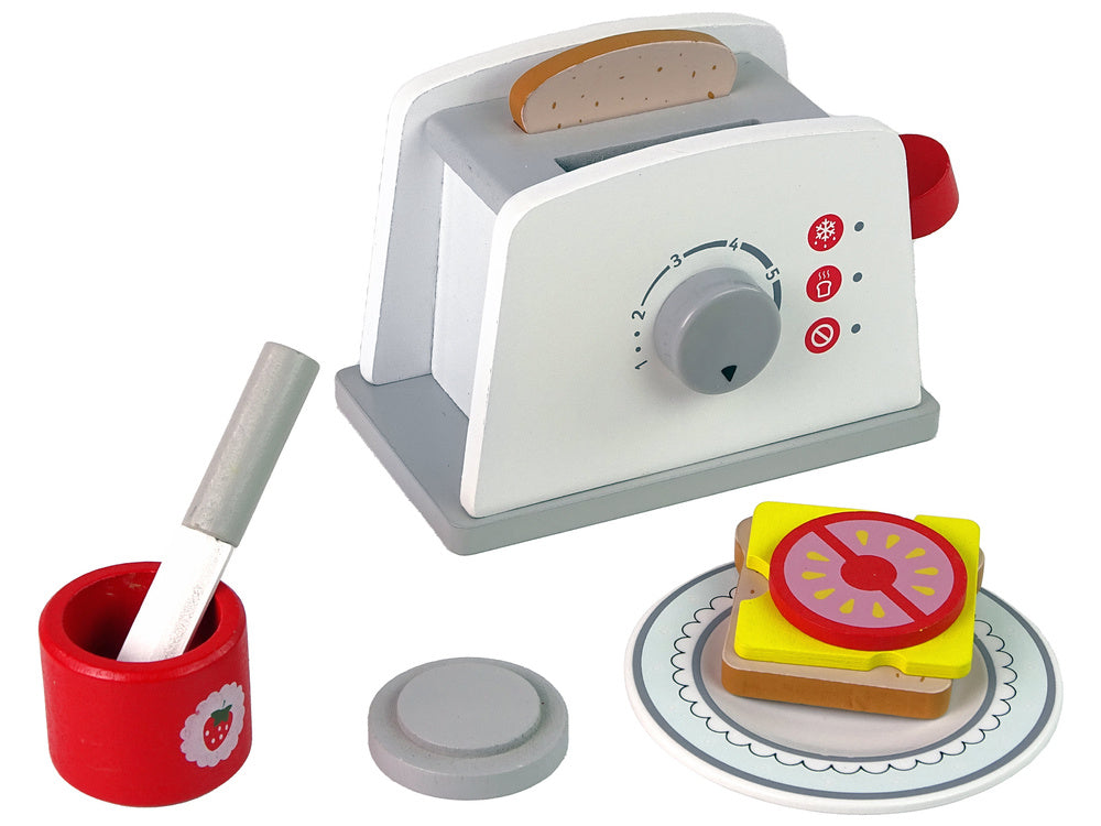 Dřevěný toaster se snídaňovým příslušenstvím – s otočným kolečkem