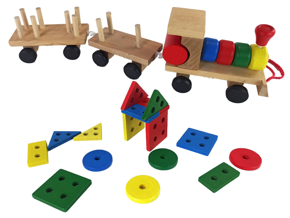 Dřevěný vlak lokomotiva se 2 vagony a geometrickými tvary